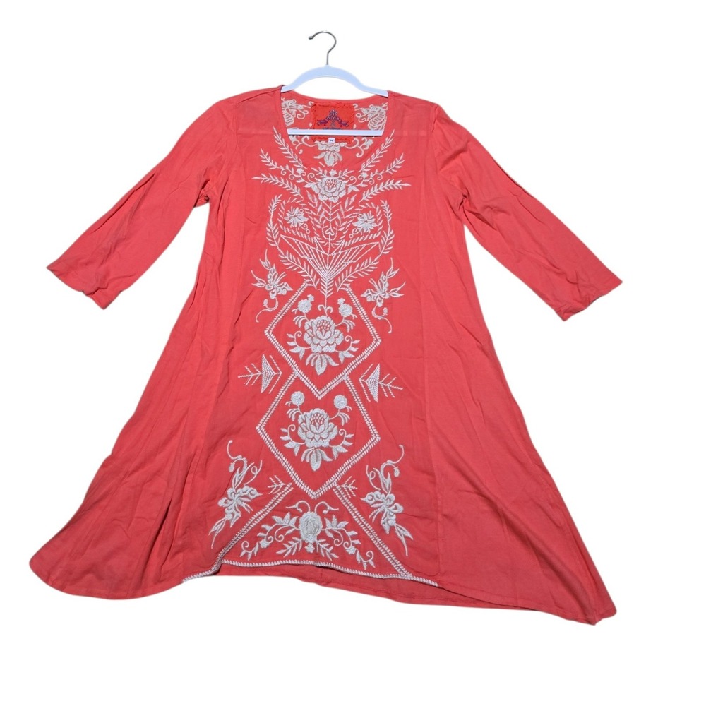 JW Los Angeles Johnny Was Coral Embroidered Floral Tunic Top Medium Boho 3/4 Slv